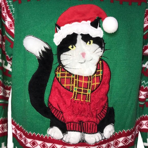 NWT 33 Degrees Santa Claus Cat Sweater Mens L Ugly Pullover Funny Party Striped - Picture 3 of 10
